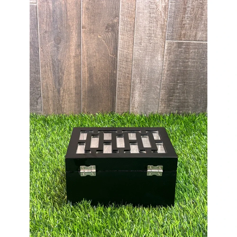 Black Wooden Jewelry Box Greek Key Mirrored Inlay 2 Tier Storage Organizer‎